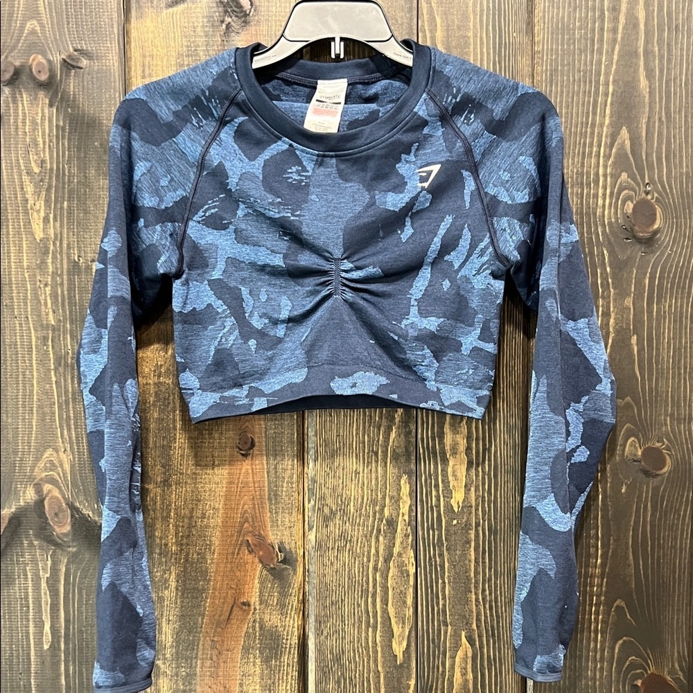 Gymshark Adapt Blue Camo Seamless Crop Top M Long Sleeves Activewear Stretch Gym